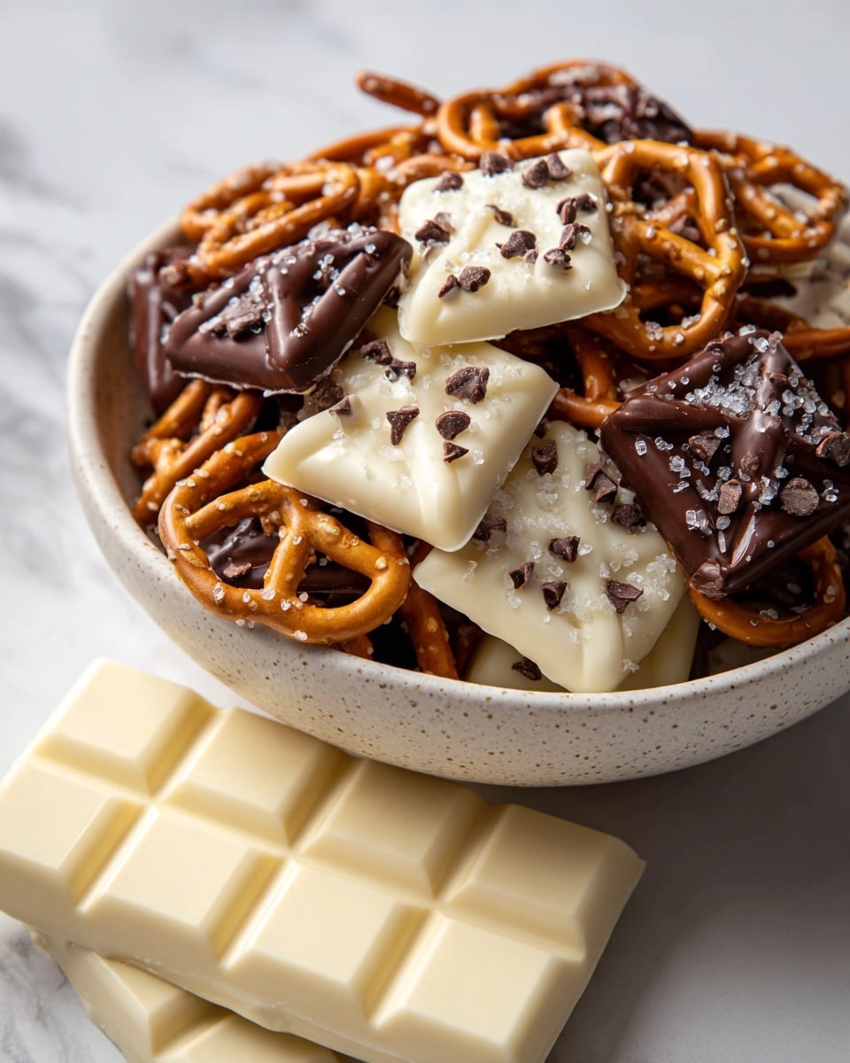 A bowl filled with a mix of pretzels, some dipped in dark chocolate and sprinkled with coarse salt, and others coated in white chocolate with small dark chocolate chunks on top. The pretzels are piled high, showing a mix of golden brown pretzels without any coating. In front of the bowl, there is a white chocolate bar resting on a white marbled surface. The image focuses closely on the texture of the chocolates and the rough salt grains. Photo taken with an iphone --ar 4:5 --v 7