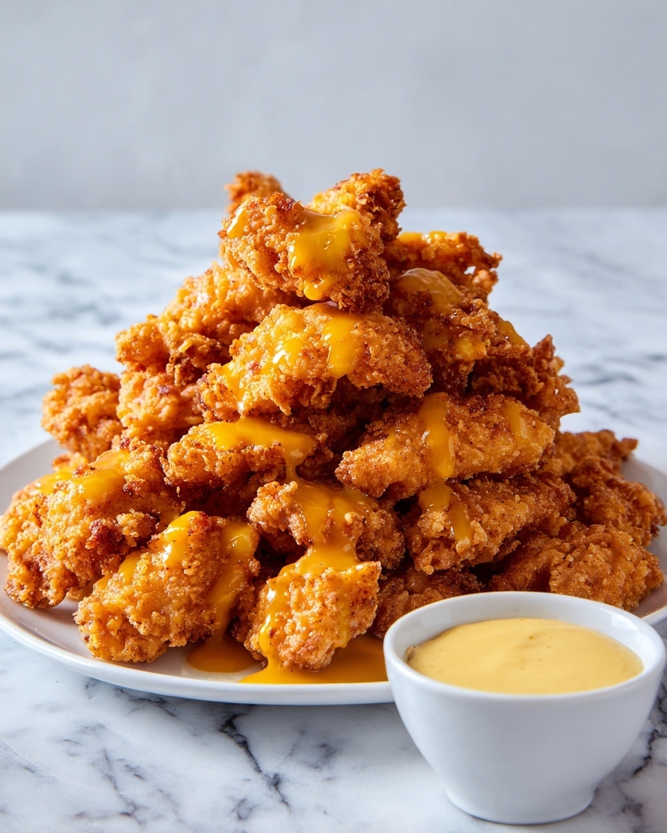 A white plate is filled with a pile of crispy fried chicken pieces layered unevenly, each piece a golden-brown color with a rough, crunchy texture. The top layer of chicken is coated with a bright orange sauce, glossy and thick, creating a vibrant contrast over the fried crust. To the side of the chicken pile, a small white bowl contains a smooth, pale yellow dipping sauce. The whole scene sits on a white marbled surface, with a white cloth towel partially visible on the left. photo taken with an iphone --ar 4:5 --v 7
