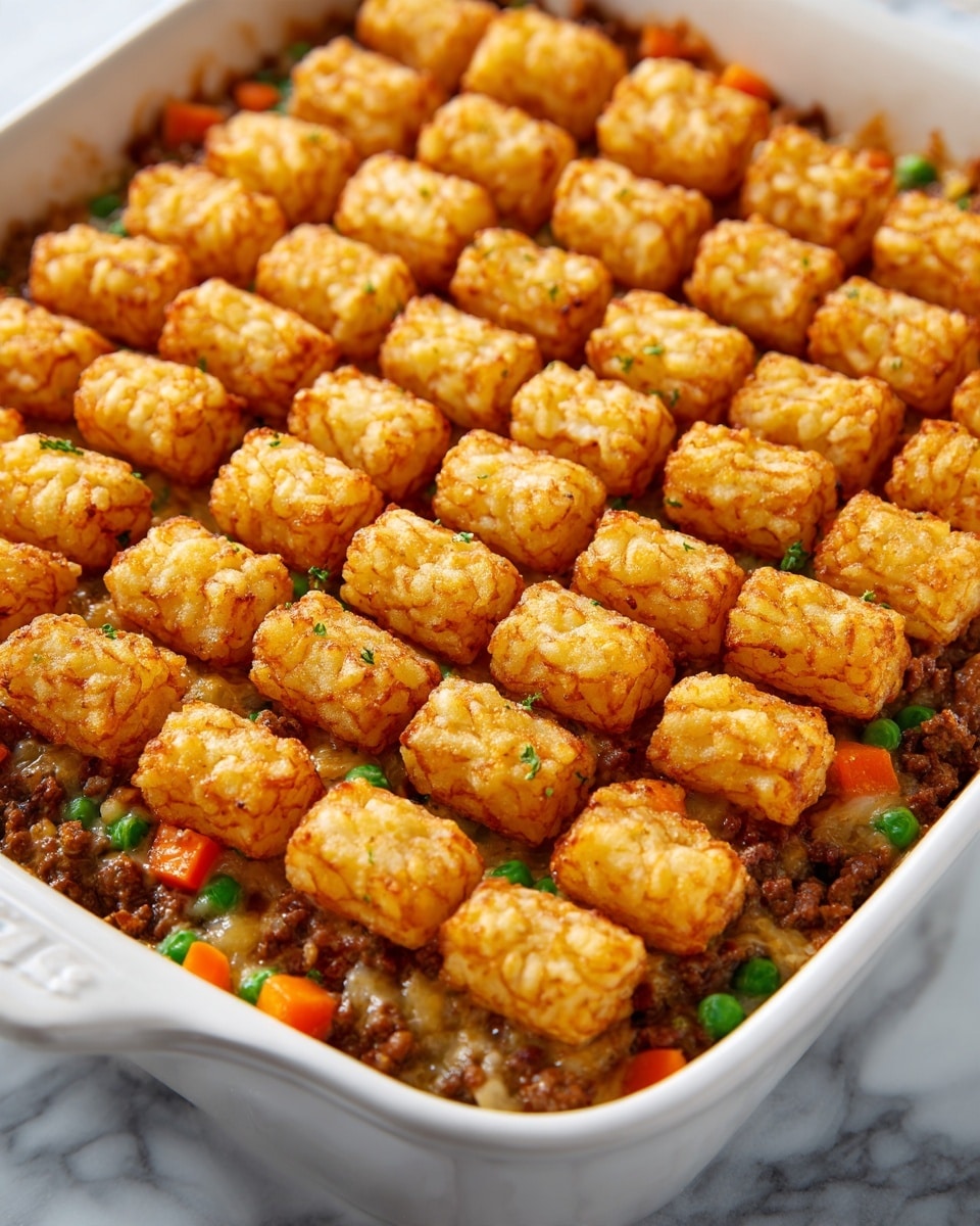 A close-up of a white rectangular baking dish filled with a layered casserole. The bottom layer contains a mix of cooked ground meat and small pieces of colorful vegetables like orange carrots and green peas in a creamy sauce. On top, there is a neat grid of golden-brown crispy tater tots, arranged in perfect rows, covering the entire surface. The tater tots are evenly browned with a crunchy texture. The dish sits on a white marbled surface. photo taken with an iphone --ar 4:5 --v 7