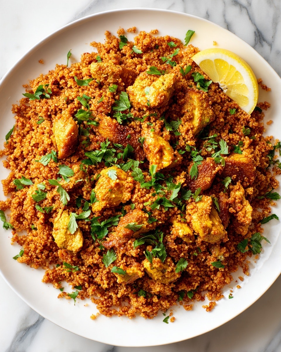 A white plate holds a round heap of brown cooked rice mixed with small pieces of golden-brown chicken, sprinkled evenly with bright green chopped herbs on top. The rice grains appear well-cooked and loose, showing a slightly oily, textured surface. On the edge of the plate, a pale yellow lemon wedge rests, adding a pop of color. The plate sits on a white marbled surface, enhancing the warm tones of the dish. photo taken with an iphone --ar 4:5 --v 7