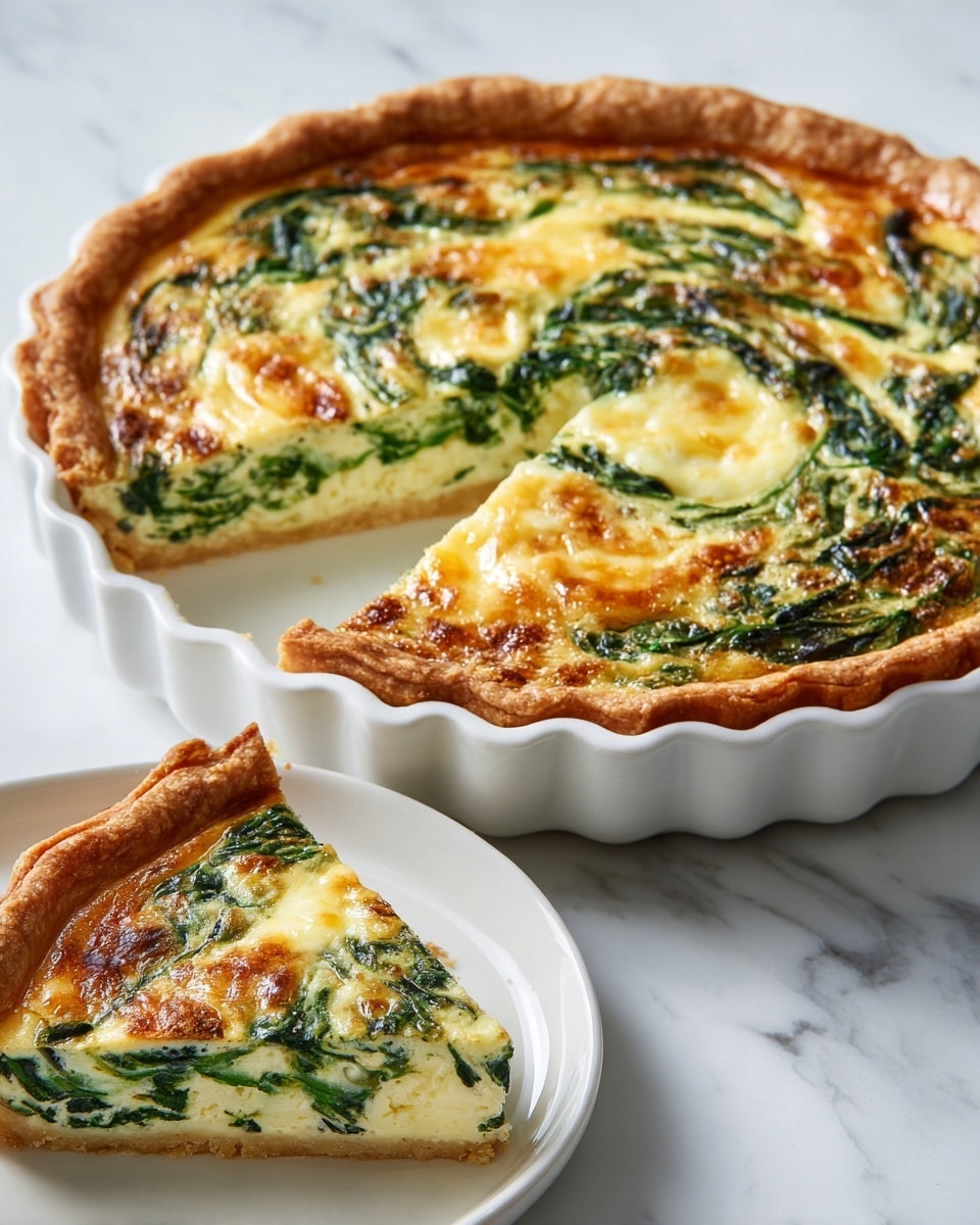 A golden brown quiche with a flaky crust in a white ceramic tart dish, filled with a creamy mixture featuring vibrant green spinach layers swirled throughout the soft egg custard, the top slightly browned and bubbling with melted cheese. A single wedge is cut out and placed on a white plate nearby, showing three distinct visible layers: a firm and crumbly crust at the bottom, a thick pale-yellow egg filling with specks of dark green spinach, and a golden, slightly textured cheese topping with hints of brown. The background is a white marbled surface. photo taken with an iphone --ar 4:5 --v 7