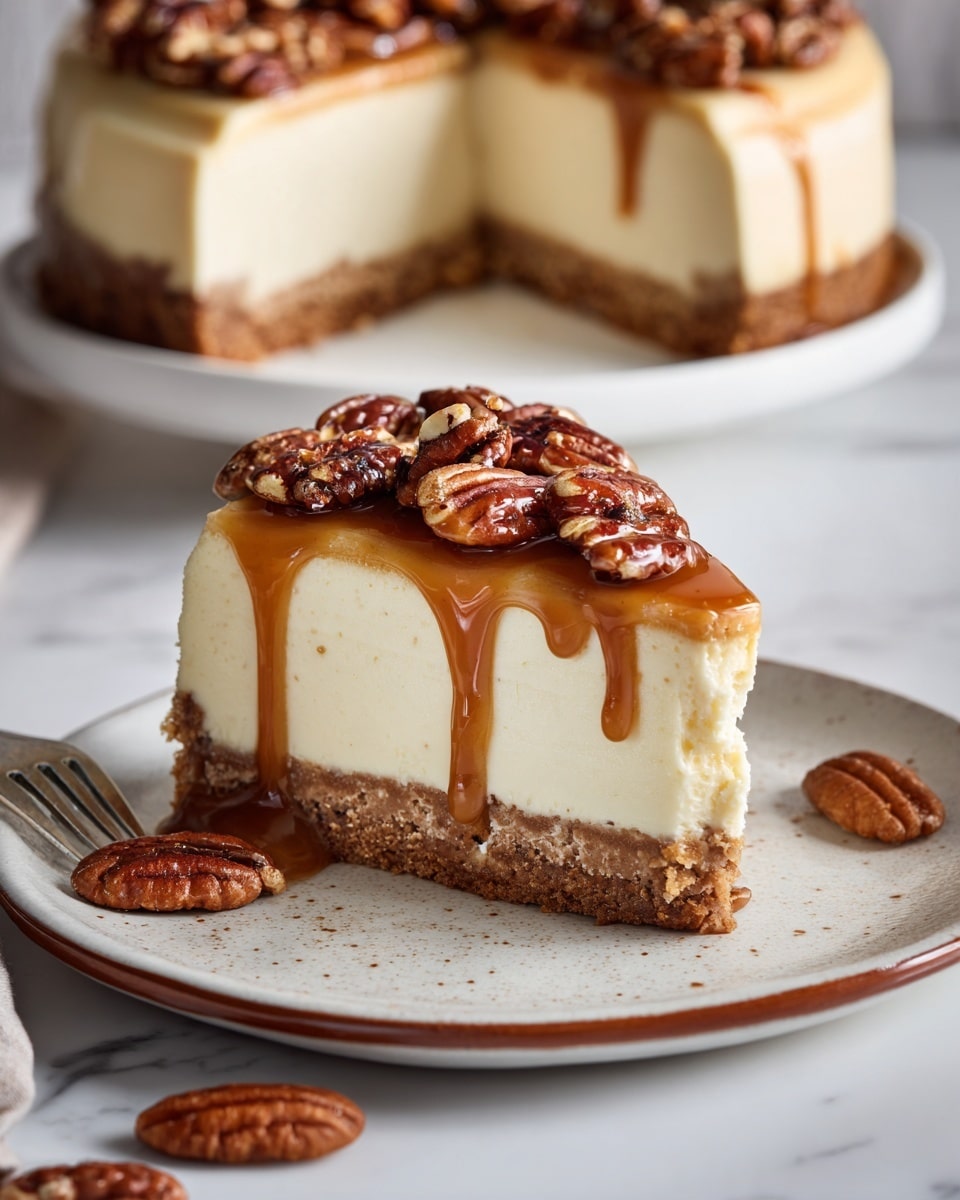 A close-up of a slice of cheesecake on a white plate with a crumbly brown crust at the bottom, topped with a thick, creamy, pale yellow cheesecake layer in the middle, and a generous topping of glossy caramel-covered pecans forming the top layer. The caramel sauce slightly drips down the side of the cheesecake, adding a rich golden brown color contrast. In the background, part of the whole cheesecake is visible on another white plate, all placed on a white marbled surface. Photo taken with an iphone --ar 4:5 --v 7