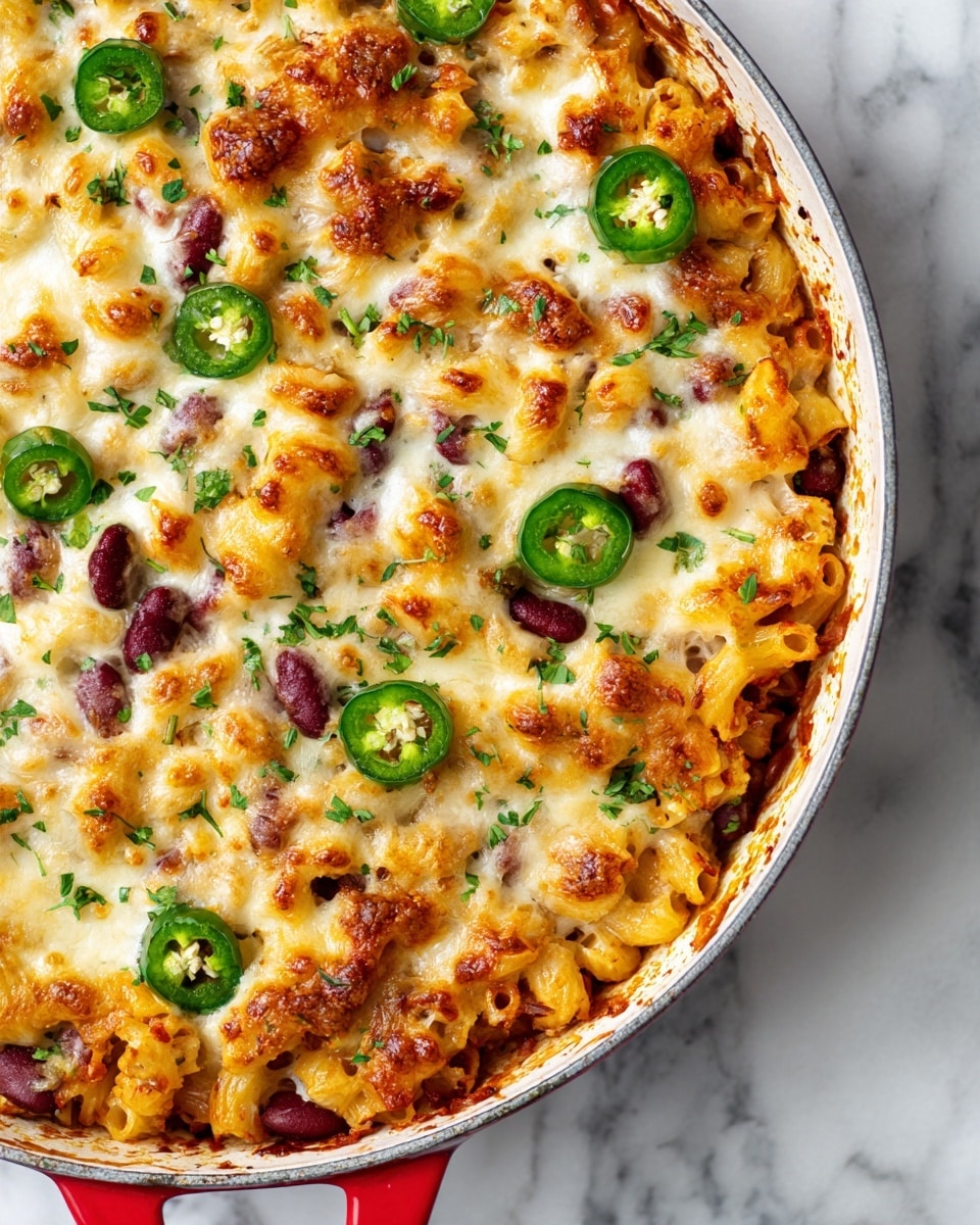 This image shows a close-up of a baked pasta dish in a white round pan with a red handle resting on a white marbled surface. The dish has multiple layers, starting with cooked elbow macaroni pasta mixed with small dark red beans scattered throughout. The middle layer is melted cheese with creamy white and orange colors blending and bubbling on top. The final layer is sliced fresh green jalapeños and herbs sprinkled across the surface, adding a pop of green color. The edges of the pan show some golden, slightly crispy browned cheese from baking. photo taken with an iphone --ar 4:5 --v 7