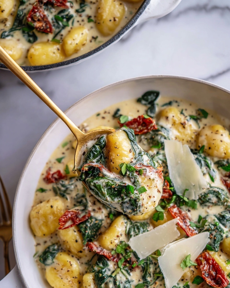 The image shows a close-up of a creamy gnocchi dish with three main layers visible. The bottom layer is made of soft, golden yellow gnocchi pieces. The middle layer is a rich, creamy white sauce with black pepper specks that cover the gnocchi, mixed with wilted dark green spinach leaves and small pieces of red sun-dried tomatoes. On top, there are thin shavings of pale yellow cheese and more chopped fresh green herbs scattered over the dish. A golden spoon scoops a portion of the gnocchi and sauce from a white pan, with the sauce thickly coating the spoonful. The whole scene is set on a white marbled texture. photo taken with an iphone --ar 4:5 --v 7
