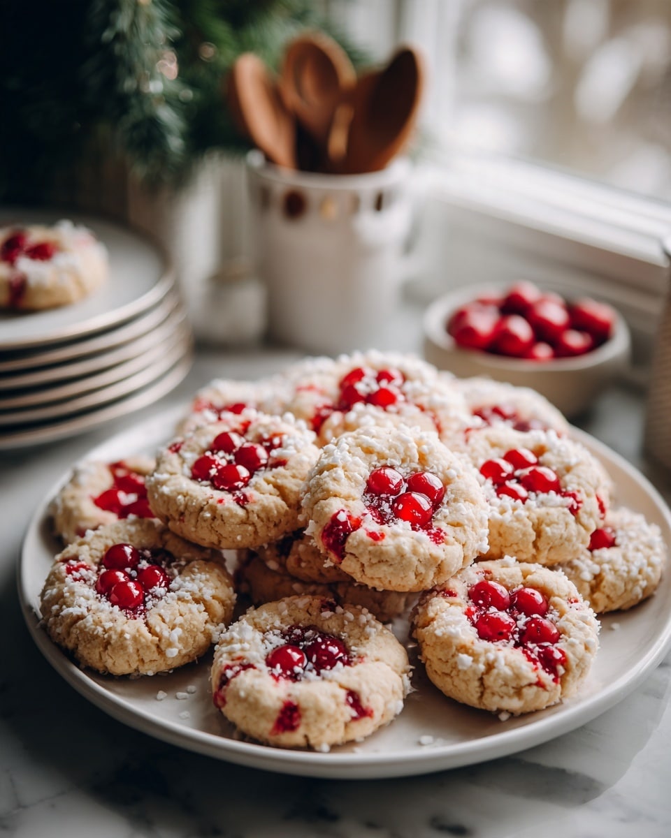 A white plate filled with two layers of round cookies neatly arranged in a circular pattern. Each cookie is a light golden color with a rough, crunchy texture, sprinkled with small white sugar crystals around the edges. Bright red candied cherry pieces are scattered throughout each cookie, adding pops of color. The white marbled surface underneath the plate brightens the scene, and in the soft background, stacked white plates, wooden utensils in a white holder, and a green plant near a window can be seen. photo taken with an iphone --ar 4:5 --v 7