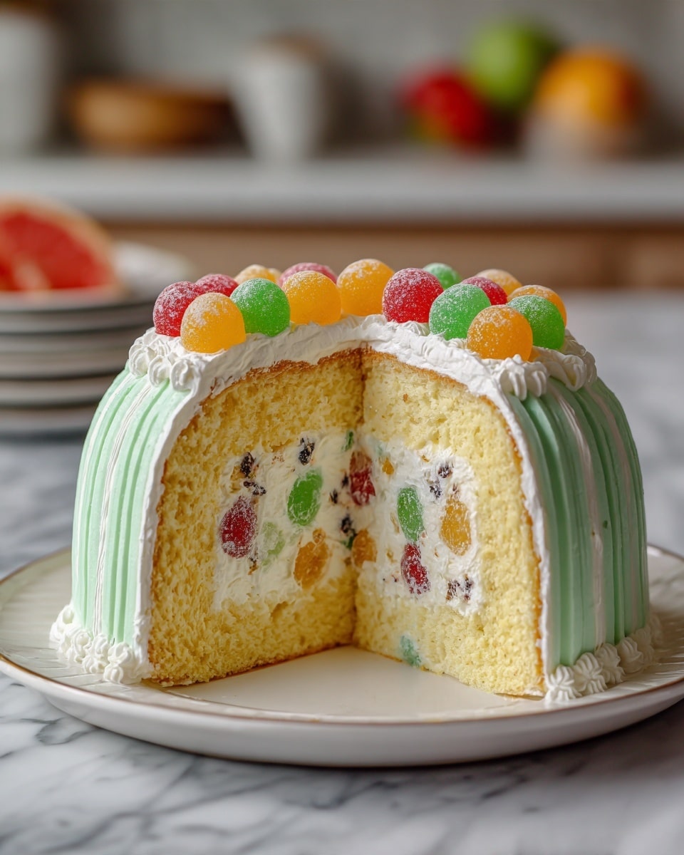 The image shows a round dome-shaped cake on a white plate set on a white marbled surface. The cake has two layers of light yellow sponge cake forming the outer shell, with smooth pale green vertical stripes spaced around the side. Inside, there is a thick layer of white cream filled with tiny dark bits in the center. The top of the cake is covered in white frosting and is decorated with a circle of shiny, colorful candied fruit pieces in red, orange, green, and light yellow. The background includes kitchen cabinets and a countertop with fruit bowls and plates blurred out. photo taken with an iphone --ar 4:5 --v 7