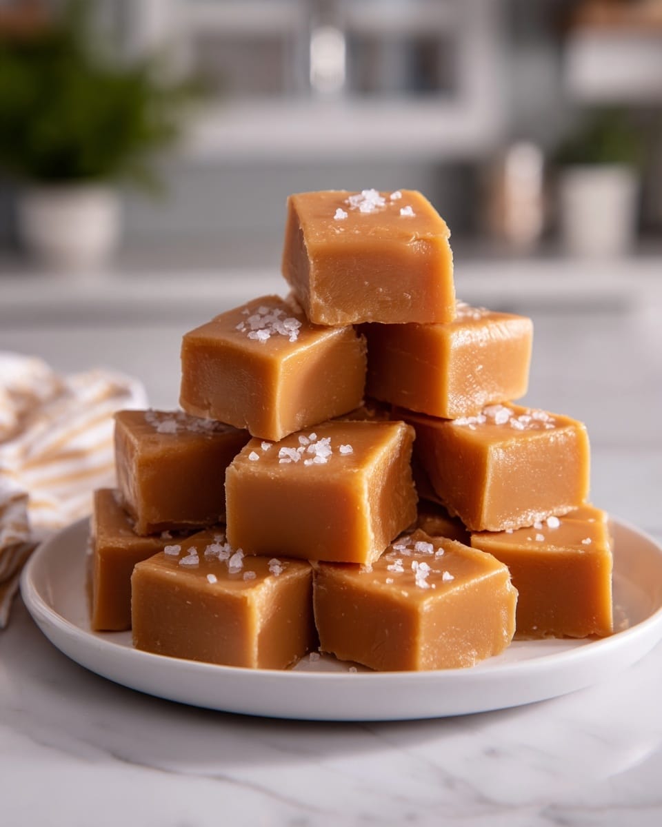 A white plate holds a neat pile of soft square caramel pieces, each light brown and smooth with a slightly shiny surface. The caramels are stacked in several layers, forming a small mound. Each piece is topped with a few grains of coarse white salt, adding a bit of texture and contrast. The plate sits on a white marbled textured surface, with a blurred kitchen background showing a clean, bright space. Photo taken with an iphone --ar 4:5 --v 7