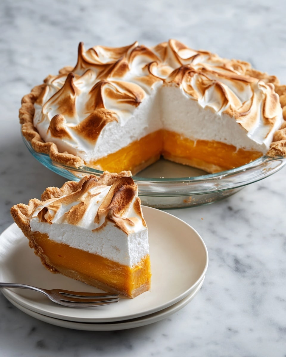 A round pie with three visible layers sits in a clear glass pie dish on a white marbled texture. The bottom layer is a golden, flaky crust with crimped edges, the middle layer is a smooth, bright orange pumpkin filling, and the top layer is a thick, fluffy white meringue with golden brown toasted spots and swirled peaks. A single pie slice is cut and partially lifted by a metal pie server, showing the clear division between the crust, filling, and meringue. Nearby, a white plate holds a slice of pie with a silver fork resting on it. Photo taken with an iphone --ar 4:5 --v 7