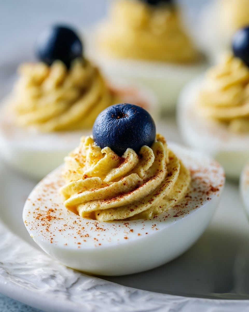 A close-up of a deviled egg showing three main layers: the base is a smooth, white egg half shell holding a creamy, pale yellow filling with a soft, whipped texture swirled in a spiral. On top of the filling is a single dark grayish-blue olive placed at the center. The filling is lightly sprinkled with fine brown spice powder. In the background, slightly out of focus, several more deviled eggs with similar creamy yellow filling and spice dusting are visible, all against a white marbled surface. photo taken with an iphone --ar 4:5 --v 7