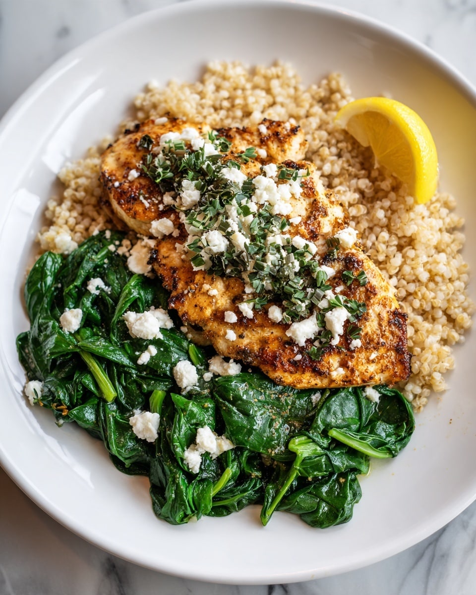 A white plate with a base layer of fresh green spinach leaves, topped with a golden-brown grilled chicken breast covered with chopped dark green herbs and white crumbled cheese. To the side of the chicken, there is a portion of light beige cooked grains with a soft and slightly grainy texture. A bright yellow lemon wedge rests on the edge of the plate. The plate is set on a white marbled surface. photo taken with an iphone --ar 4:5 --v 7