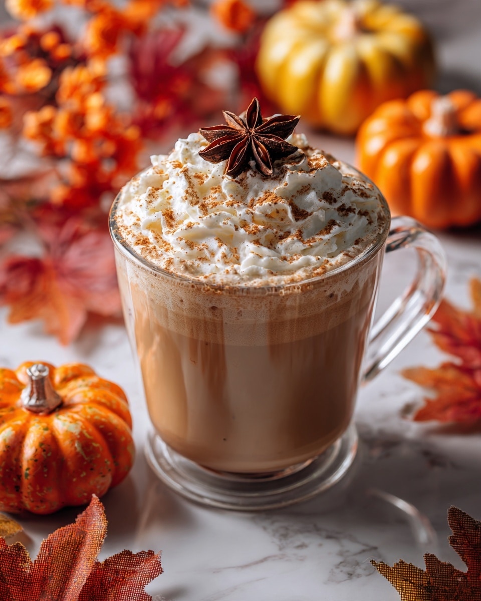 A clear glass mug filled with a light brown drink topped with a thick layer of whipped cream, sprinkled with light brown cinnamon powder, and garnished with a dark brown star anise in the center; the mug sits on a white marbled surface surrounded by red, orange, and yellow autumn leaves and small decorative pumpkins in orange and yellow shades. Photo taken with an iphone --ar 4:5 --v 7