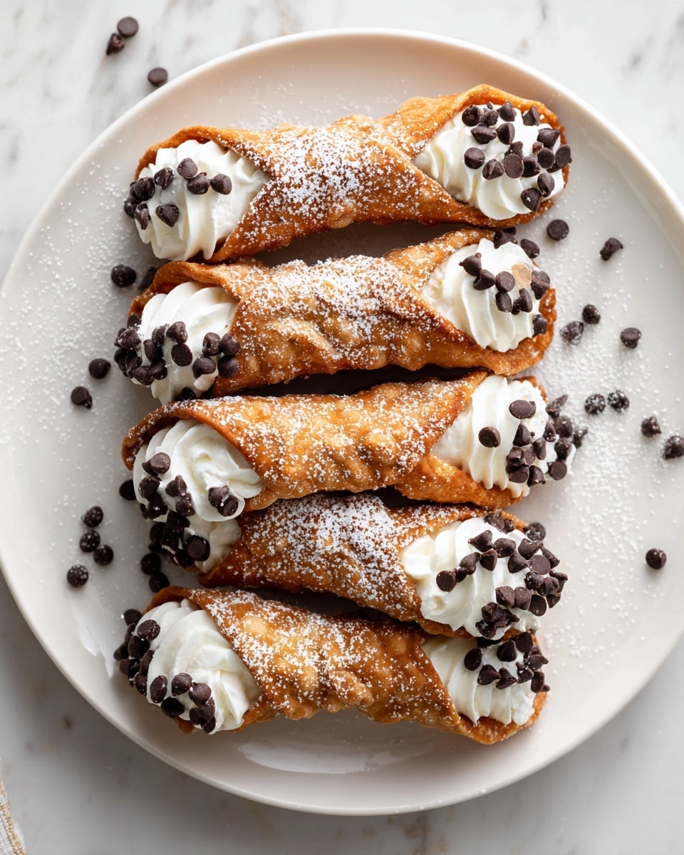 The image shows six golden-brown cannoli shells placed on a white plate with a white marbled texture background. Each shell is filled with creamy, white ricotta filling piped in a swirled, soft texture that fills both ends of the tube-shaped pastry. Small dark chocolate chips decorate the surface of the ricotta, scattered generously at both ends of each cannoli. A light dusting of white powdered sugar is sprinkled over the shells and the plate, adding a delicate touch. The cannoli are arranged close together, showing crackled texture on the shells and smooth swirled filling. Photo taken with an iphone --ar 4:5 --v 7