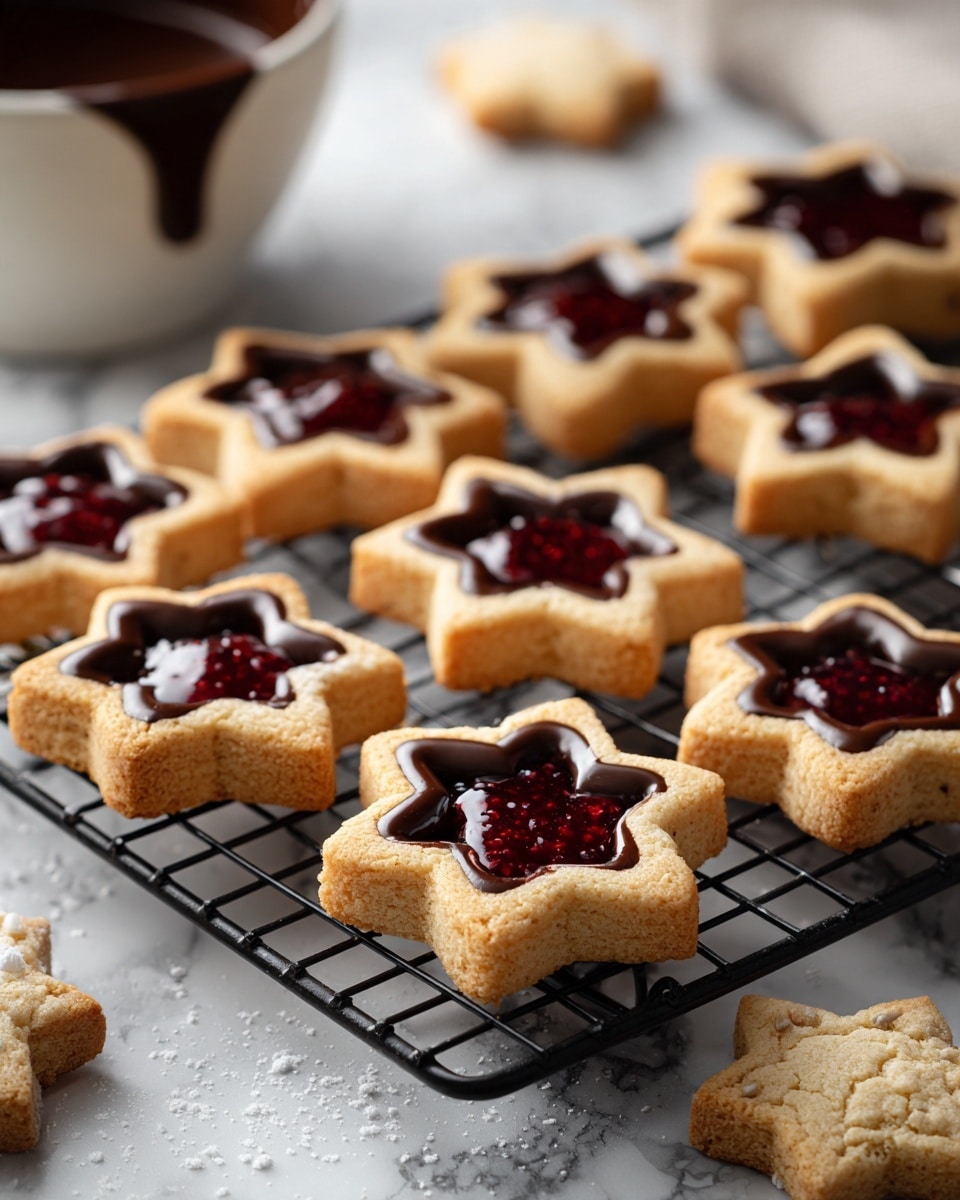 Star-shaped cookies with two layers of light brown dough are arranged on a black wire cooling rack over a white marbled surface. Each cookie has a hollow star cutout in the center, filled with glossy dark chocolate or deep red jam that contrasts with the matte cookie texture. The top layer of some cookies is dipped in shiny chocolate on two consecutive points, adding a smooth, rich detail. In the background, a white bowl with chocolate drips and some star-shaped cookie cutters are partially visible. Photo taken with an iphone --ar 4:5 --v 7