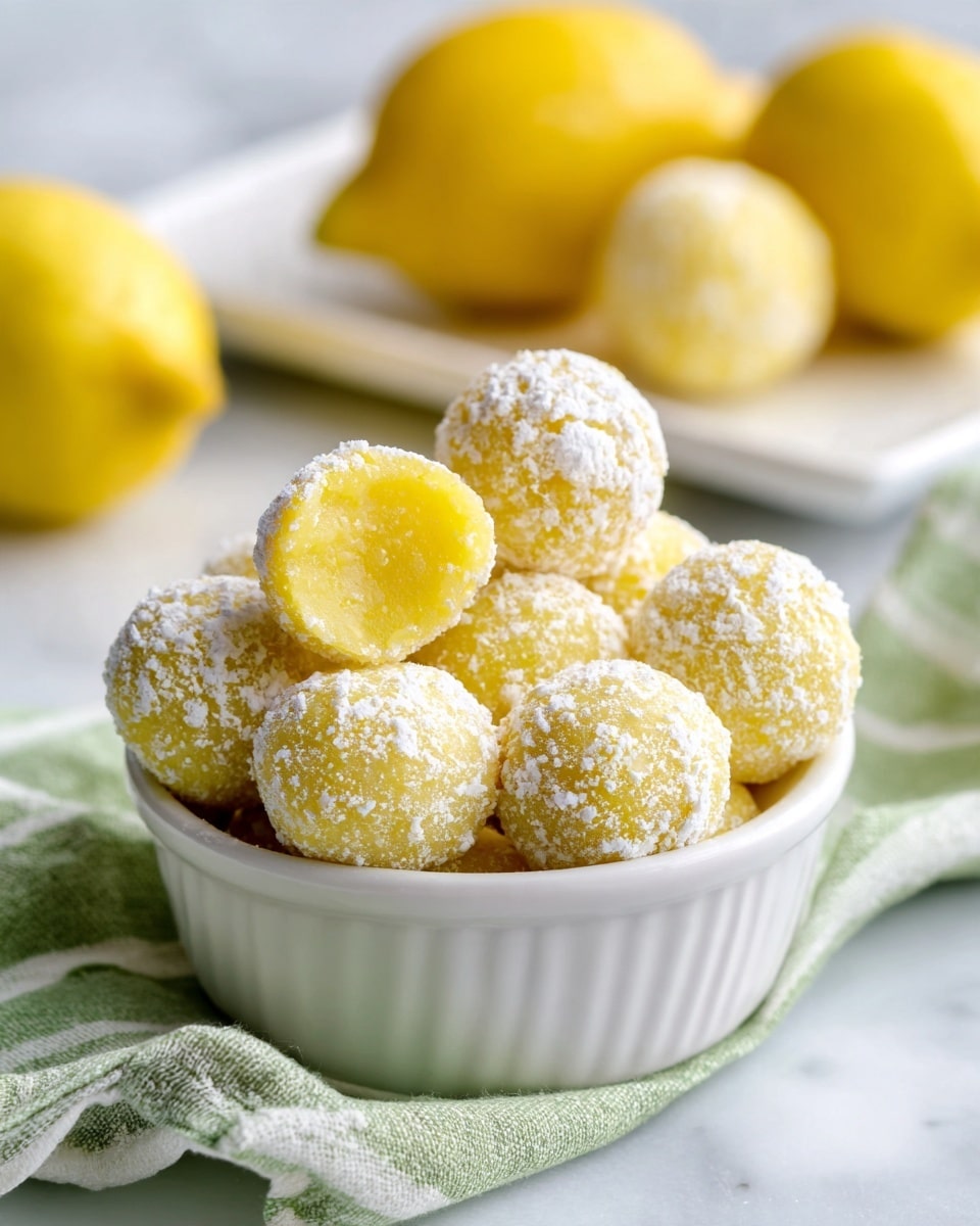 A small pile of round, yellow lemon-flavored candies covered lightly in white powdered sugar sits inside a gray bowl placed on a white marbled surface with a green and white checkered cloth underneath. One candy on top is bitten in half, showing a smooth, soft yellow interior with a slightly glossy texture. In the blurred background, there are whole lemons in a white plate. The scene is bright and fresh, with soft natural lighting highlighting the candy’s powder and yellow color. photo taken with an iphone --ar 4:5 --v 7