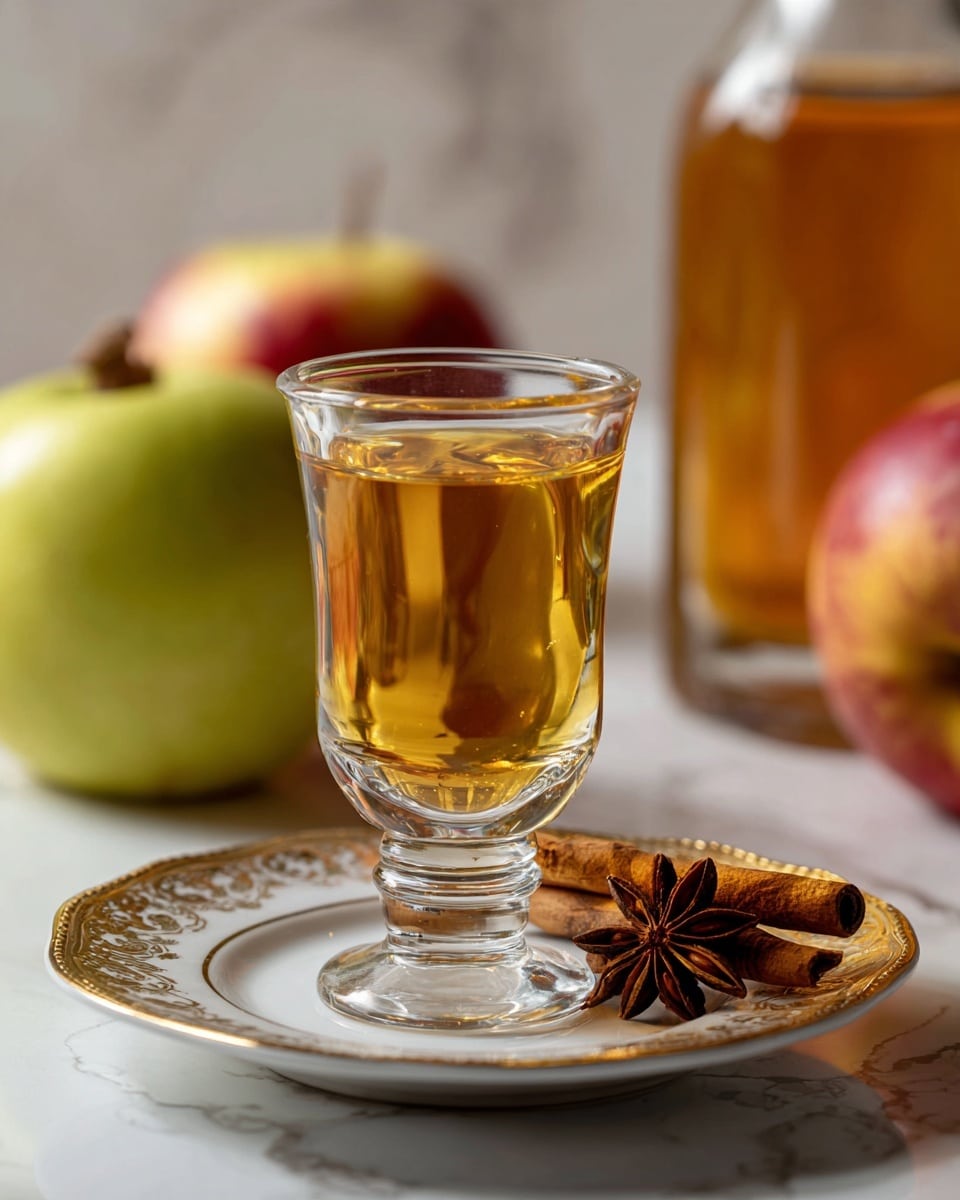 A clear glass shot glass filled with a golden amber liquid is placed on a white plate with an ornate gold rim and pattern. On the plate, beside the glass, there is one cinnamon stick lying flat with a dark brown star anise resting on top near the open end. In the background, two apples, one greenish-yellow and the other red, sit on a white marbled surface, along with a tall glass container filled with amber liquid that matches the shot glass. The image has warm tones and soft focus in the back, drawing attention to the detailed textures and colors in the front. photo taken with an iphone --ar 4:5 --v 7