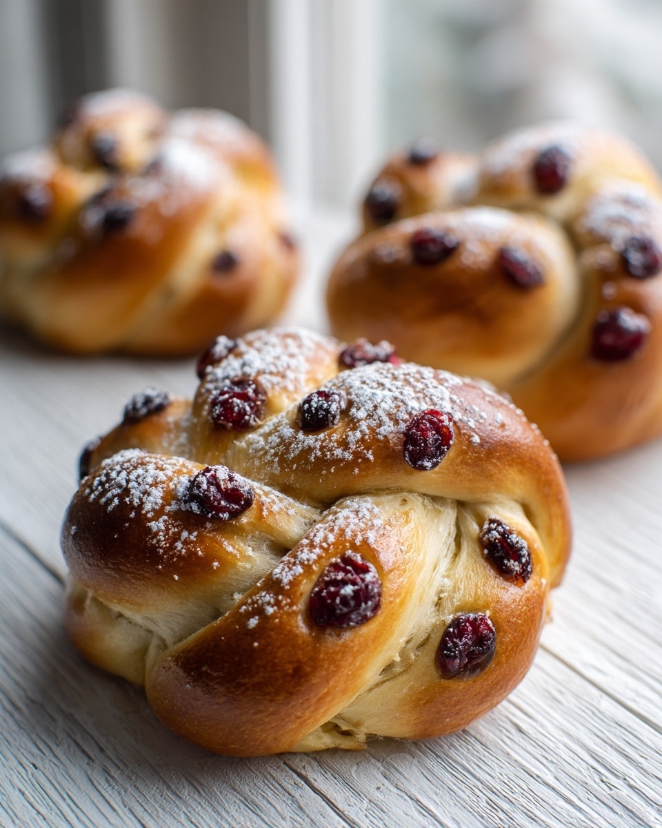 The image shows braided golden-brown bread rolls with a shiny crust, each studded with dark red dried cranberries unevenly spread across the top and slightly embedded in the dough. The bread has a soft, fluffy-looking texture inside, visible in some parts, and a light dusting of white powdered sugar sprinkled over the surface. The rolls rest on a white, wooden textured surface with a blurred background suggesting a window. Photo taken with an iphone --ar 4:5 --v 7