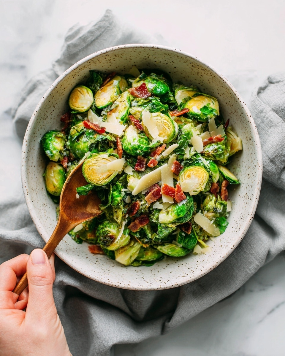 A white speckled bowl filled with chopped Brussels sprouts that are light green with a slightly glossy texture, mixed with small pieces of cooked bacon showing pink and brown hues, and thin shavings of pale yellow cheese scattered on top. A wooden spoon rests inside the bowl, and the bowl sits on a soft gray cloth against a white marbled surface. The overall colors are fresh and natural with a mix of green, pink, brown, and yellow tones. Photo taken with an iphone --ar 4:5 --v 7