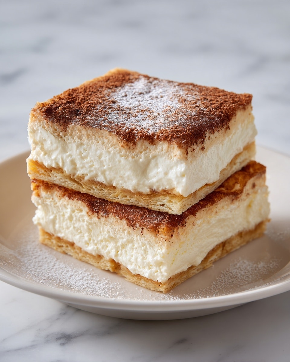 The image shows two thick square slices of a creamy dessert stacked on a white plate. The dessert has two main layers: a golden brown, slightly crispy top and bottom crust with a soft, smooth cream-colored filling in the middle. The filling looks light and fluffy, while the crust appears slightly textured with a dusting of cinnamon or powdered sugar on top. The plate is set on a white marbled surface, giving a clean and bright background. Photo taken with an iphone --ar 4:5 --v 7