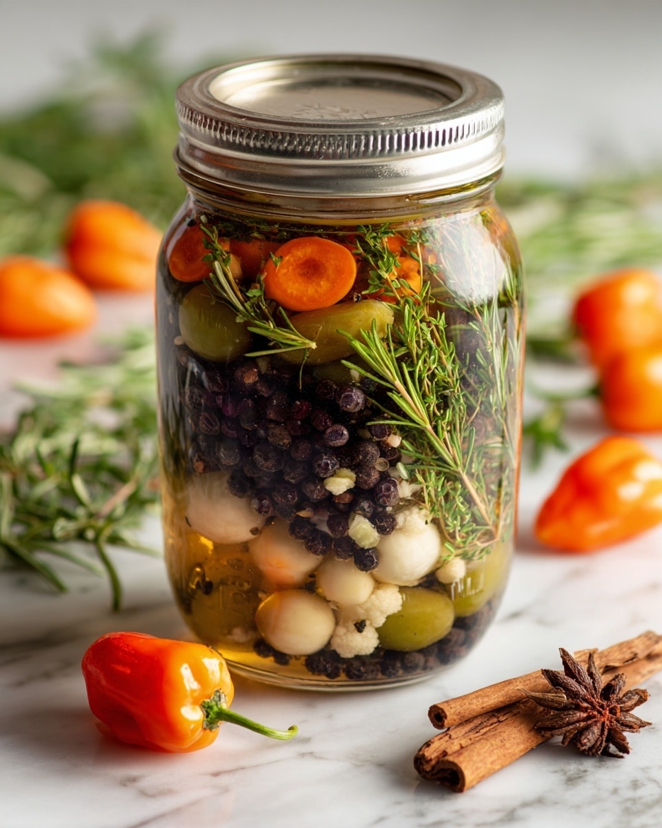 A clear glass jar filled with several visible layers of pickled ingredients is shown. The bottom layer contains small dark black peppercorns. Above this layer are small round slices of light green and purple grapes, followed by a layer of finely chopped white pieces that look like cauliflower or radish. The next prominent layer contains thin round orange carrot slices. Sprigs of green rosemary and thyme are also layered vertically inside the jar. The jar is topped with a silver metal lid and submerged in a yellowish brine liquid. The jar sits on a white marbled surface with some fresh rosemary, cinnamon sticks, and bright orange habanero peppers around it. Photo taken with an iphone --ar 4:5 --v 7