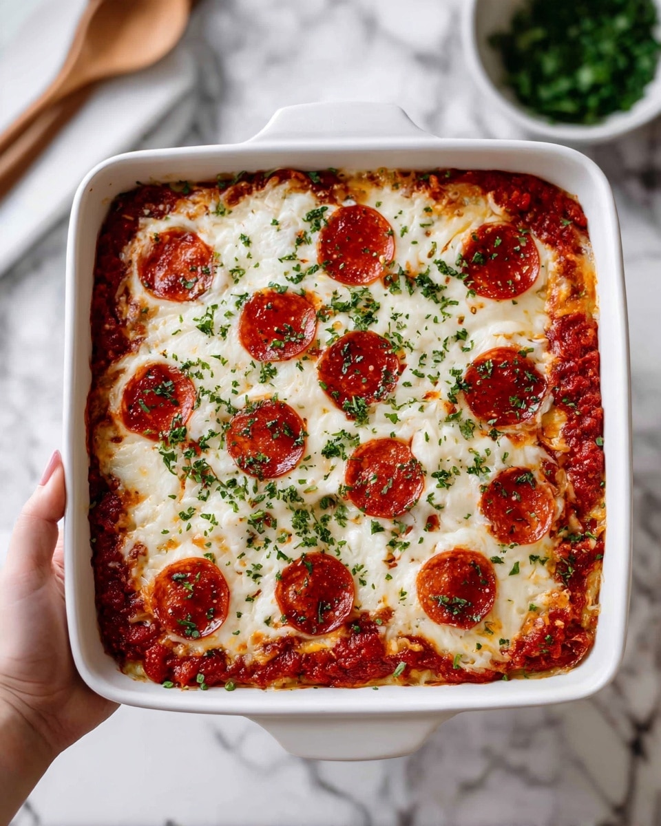 A square white baking dish filled with a layered pizza casserole. The bottom layer is a rich red tomato sauce, topped by melted golden brown cheese covering the entire surface. Scattered evenly on top are round slices of browned pepperoni, some bubbling with oil. Small green herb pieces are sprinkled across the cheese, adding color contrast. The edges of the cheese are slightly crispy and browned. The dish rests on a white marbled surface, with a blurred bowl of green herbs in the background. photo taken with an iphone --ar 4:5 --v 7