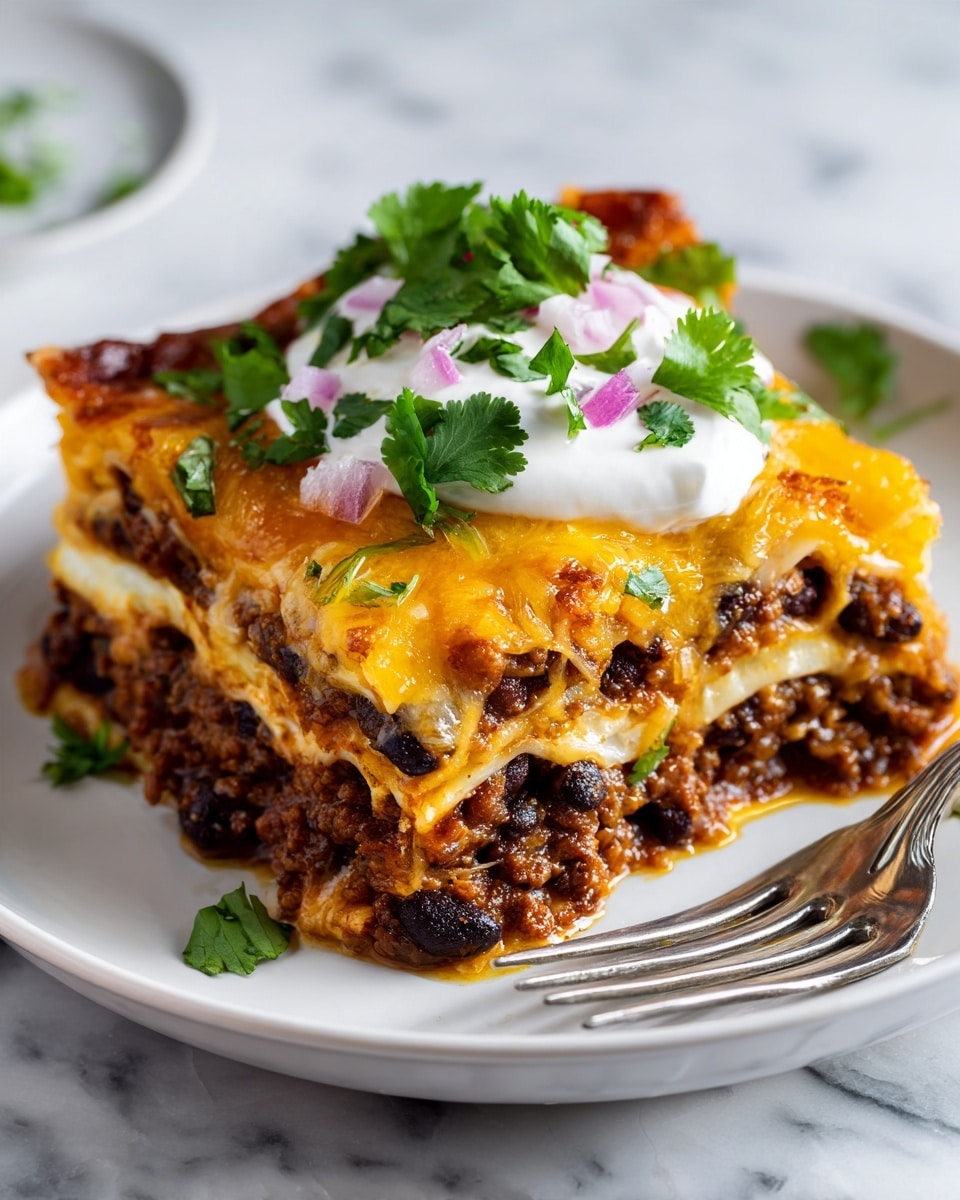 A white plate on a white marbled surface holds a slice of layered lasagna with four visible layers. The bottom layer has a textured ground beef and bean mix with a reddish-brown color. On top of that is a layer of creamy white sauce. Above that is a layer of melted golden-yellow cheese mixed with some beans. The top layer is another mix of melted cheese and small chopped red onions, garnished with a dollop of white sour cream and a few bright green cilantro leaves on top. A fork is placed to the side of the plate, and a woman's hand is visible near the edge of the plate. Photo taken with an iphone --ar 4:5 --v 7