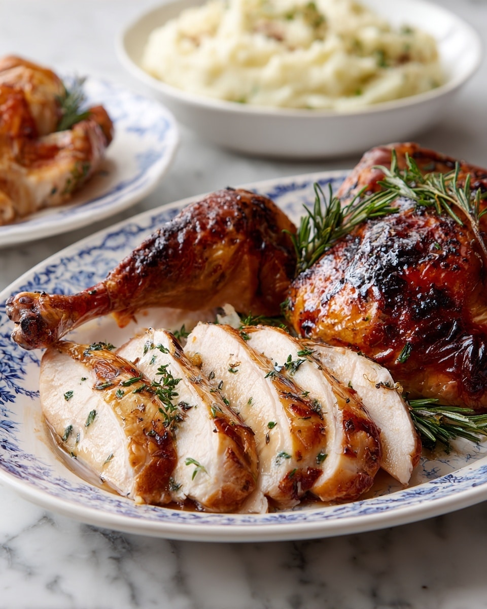 A white plate holds a whole roasted chicken with three clear parts: the drumstick on the left has a golden-brown crispy skin with a small green rosemary sprig on top; the middle section shows thick slices of juicy chicken breast with a shiny, glistening roasted skin and small rosemary leaves sprinkled on top; the back section has more roasted chicken with the skin browned and slightly crisp. The plate sits on a white marbled surface, and in the blurred background, part of a white bowl with creamy mashed potatoes is visible. photo taken with an iphone --ar 4:5 --v 7