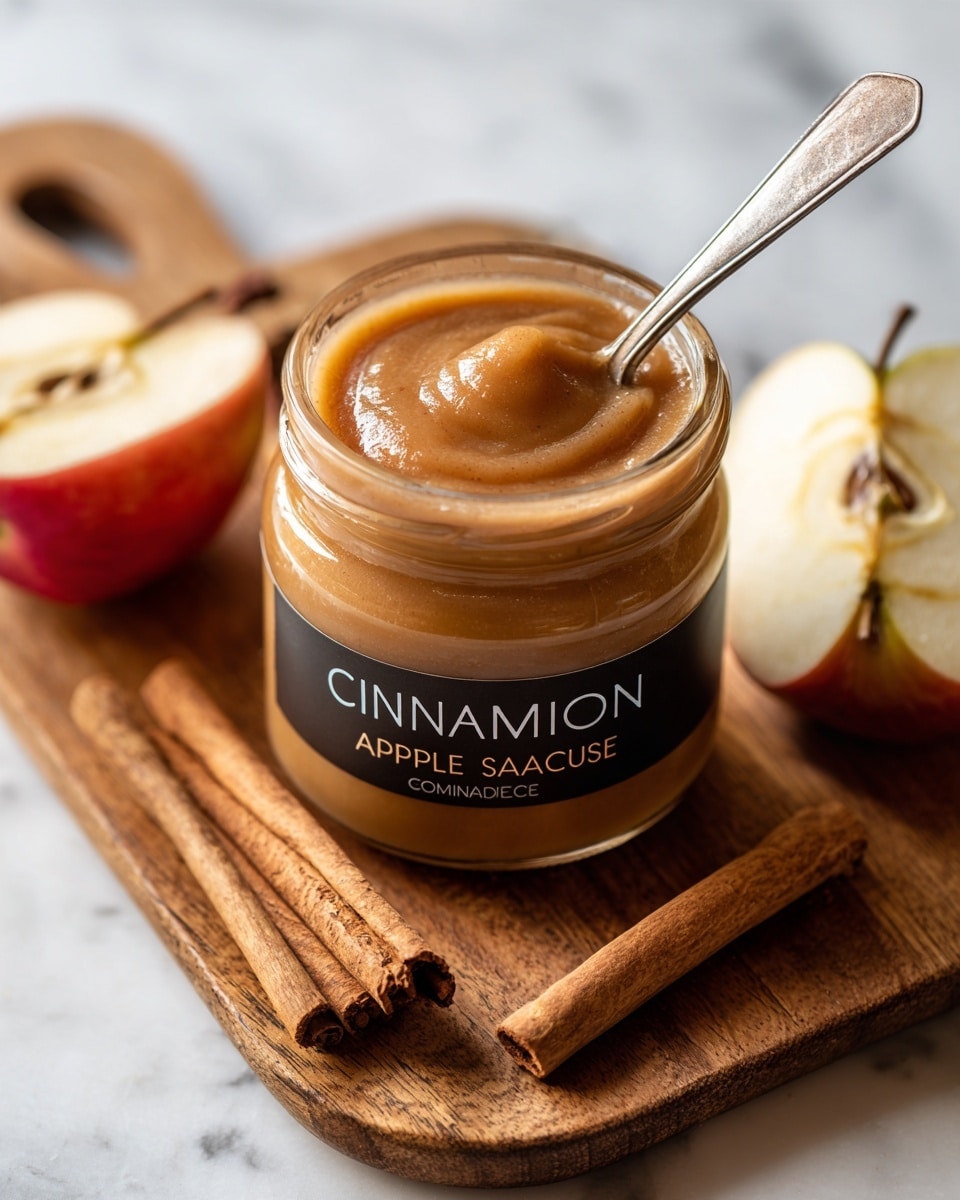 A small clear glass jar filled with thick, light brown cinnamon applesauce sits on a wooden cutting board. The jar has two black labels with white letters reading