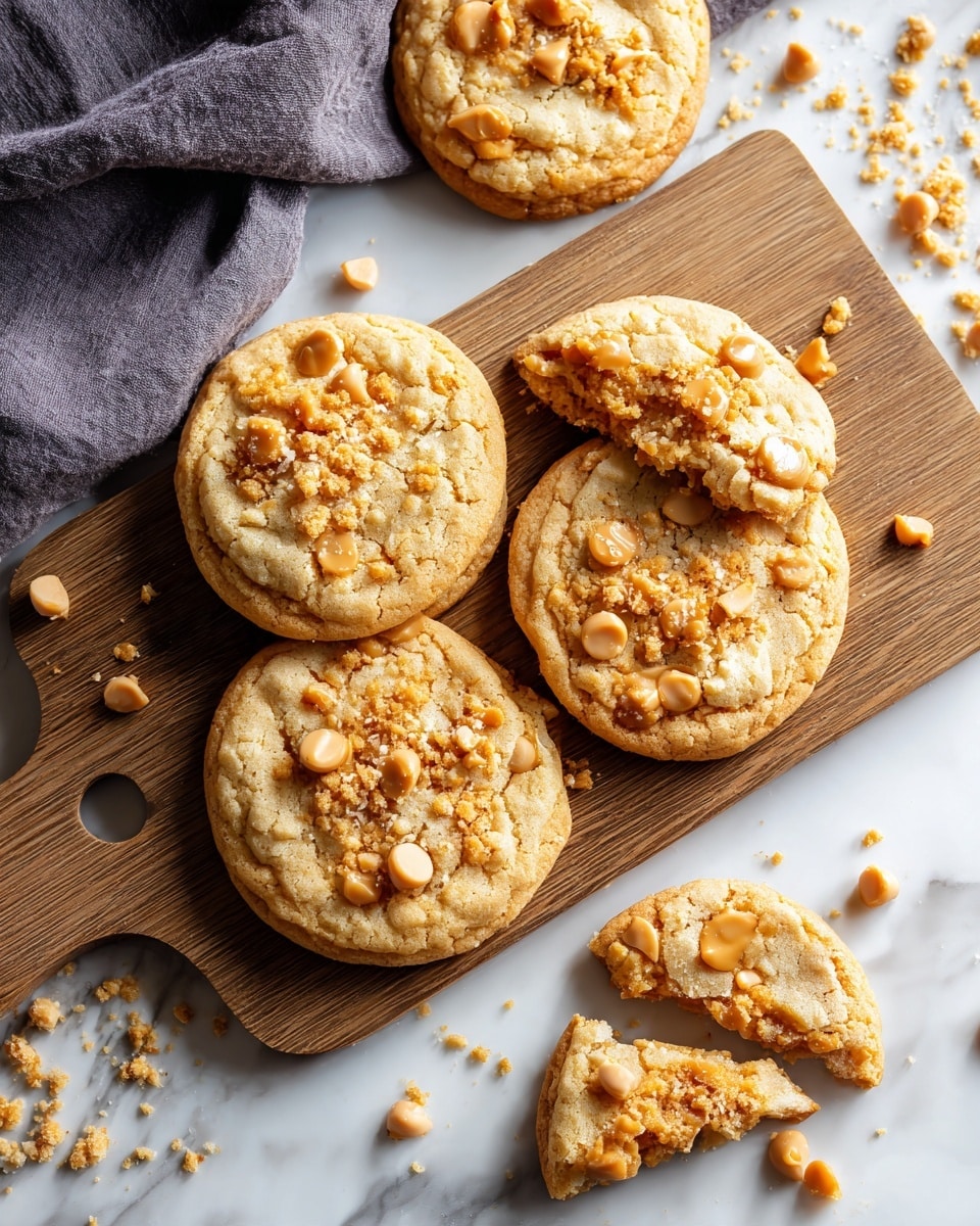 The image shows several golden brown cookies with slightly cracked tops, each dotted with light tan butterscotch chips. One cookie is broken into three large pieces, revealing a soft crumbly texture inside. The cookies are resting on a small wooden cutting board with a handle and hole, placed on a white marbled surface. More cookies and scattered butterscotch chips surround the board, and a black cloth is partially visible in the top left corner. The warm tones of the cookies contrast with the smooth white marbled background, creating a cozy and inviting look. photo taken with an iphone --ar 4:5 --v 7