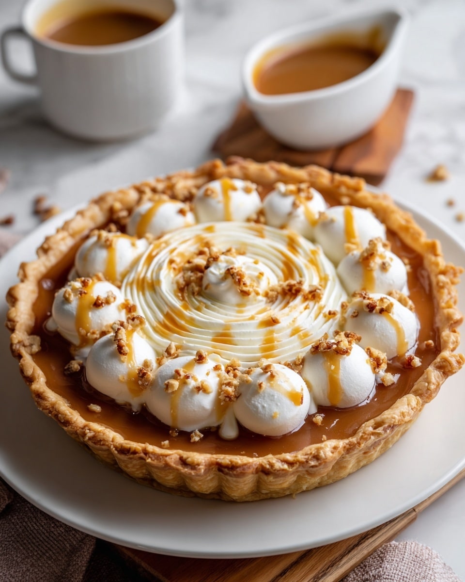 A close-up view of a pie with a golden-brown, flaky crust folded around the edge, filled with smooth caramel sauce forming the base layer. On top of the caramel is a decorative layer of white whipped cream shaped in a spiral pattern with rounded dollops. The whipped cream is drizzled with a light brown caramel sauce and sprinkled with small crunchy nut pieces. The pie is on a white plate, set against a white marbled surface with a small white bowl of extra caramel sauce on a wooden board in the background. Photo taken with an iphone --ar 4:5 --v 7