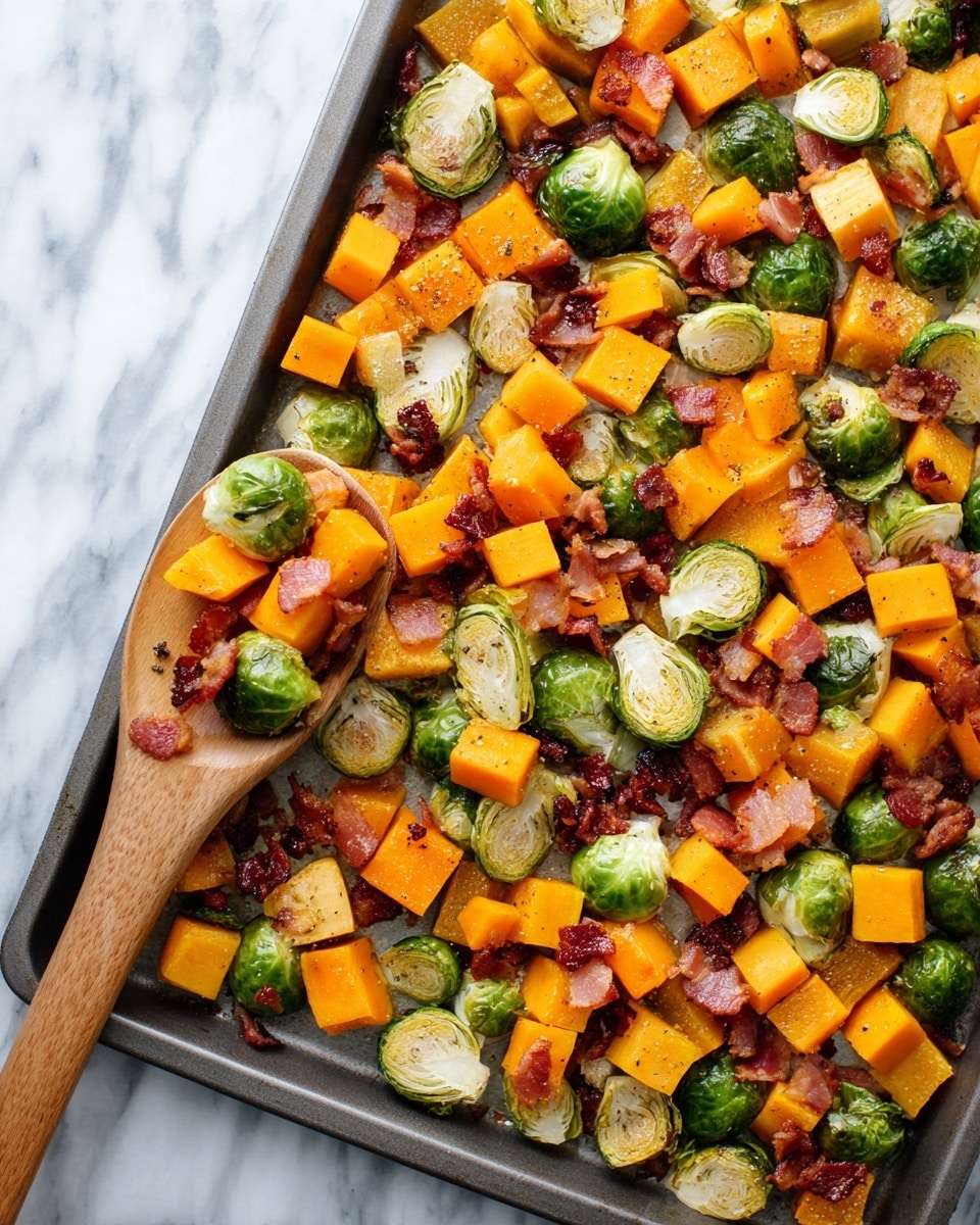 The image shows a single-layered metal baking tray filled with roasted vegetables and bacon pieces on a white marbled surface. The main components are bright orange cubed butternut squash chunks scattered all around the tray, with green Brussels sprouts cut in half and their edges slightly charred. Intermixed are crispy, irregular pieces of cooked bacon with a reddish-brown color. There is a wooden spoon with a woman's hand holding it on the left side, scooping some of the vegetables. The colors contrast well, with the warm orange, vibrant green, and deep reddish-brown creating a rustic and appetizing look. Photo taken with an iphone --ar 4:5 --v 7